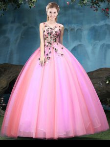 V-neck Sleeveless Lace Up Quince Ball Gowns Multi-color Tulle