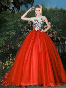 Glorious Red 15th Birthday Dress Scoop Sleeveless Brush Train Zipper
