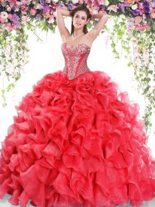 Fantastic Sweetheart Sleeveless Quinceanera Gowns Sweep Train Beading and Ruffles Red Organza