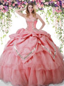 Stunning Watermelon Red Vestidos de Quinceanera Military Ball and Sweet 16 and Quinceanera with Beading and Pick Ups Sweetheart Sleeveless Lace Up