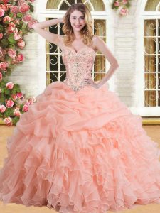 Romantic Organza Sweetheart Sleeveless Lace Up Beading and Appliques and Ruffles and Pick Ups 15th Birthday Dress in Peach