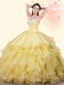 Sexy Yellow Lace Up Quince Ball Gowns Beading and Ruffles Sleeveless Floor Length
