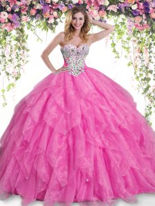 Sophisticated Hot Pink Organza Lace Up 15 Quinceanera Dress Sleeveless Floor Length Beading and Ruffles