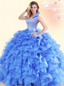 Custom Designed Blue Organza Backless Sweet 16 Dresses Sleeveless Floor Length Beading and Ruffles