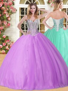 New Style Lilac Tulle Lace Up Sweetheart Sleeveless Floor Length Sweet 16 Quinceanera Dress Beading