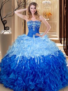 Multi-color and Blue And White Sweetheart Lace Up Embroidery and Ruffles Quinceanera Dress Sleeveless