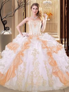 Fantastic White and Yellow Lace Up Quinceanera Dresses Embroidery and Ruffled Layers Sleeveless Floor Length