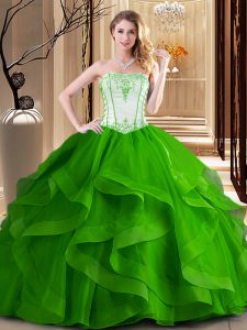 Suitable Green and Fuchsia Tulle Lace Up Strapless Sleeveless Floor Length Sweet 16 Quinceanera Dress Embroidery