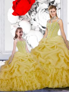Cheap Straps Sleeveless Floor Length Beading and Ruffles and Pick Ups Lace Up Sweet 16 Quinceanera Dress with Yellow