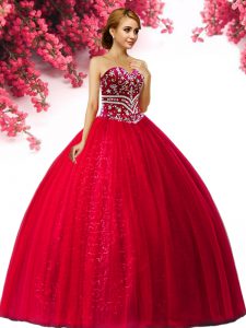 Delicate Sleeveless Tulle Floor Length Lace Up Quince Ball Gowns in Red with Beading