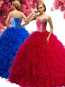 Pretty Sweetheart Sleeveless Lace Up Quince Ball Gowns Red Tulle