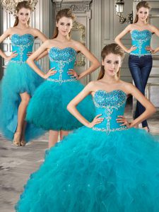 Custom Designed Four Piece Teal Ball Gowns Beading and Ruffles Quince Ball Gowns Lace Up Tulle Sleeveless Floor Length