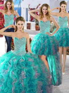 Fashionable Four Piece Floor Length Lace Up 15 Quinceanera Dress Multi-color for Military Ball and Sweet 16 and Quinceanera with Beading