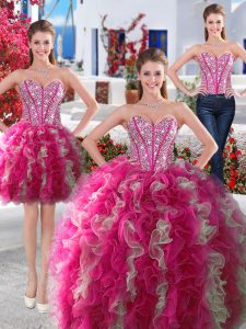 Three Piece White and Hot Pink Lace Up Sweetheart Beading Sweet 16 Dress Organza Sleeveless