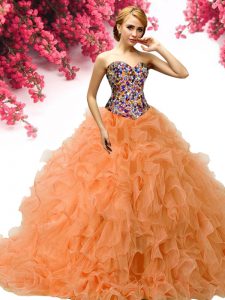 Sweetheart Sleeveless Quince Ball Gowns Floor Length Beading and Ruffles Orange Organza