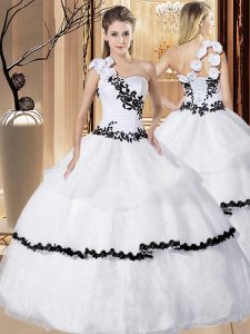 Luxury One Shoulder Sleeveless Appliques and Hand Made Flower Lace Up Quinceanera Dress
